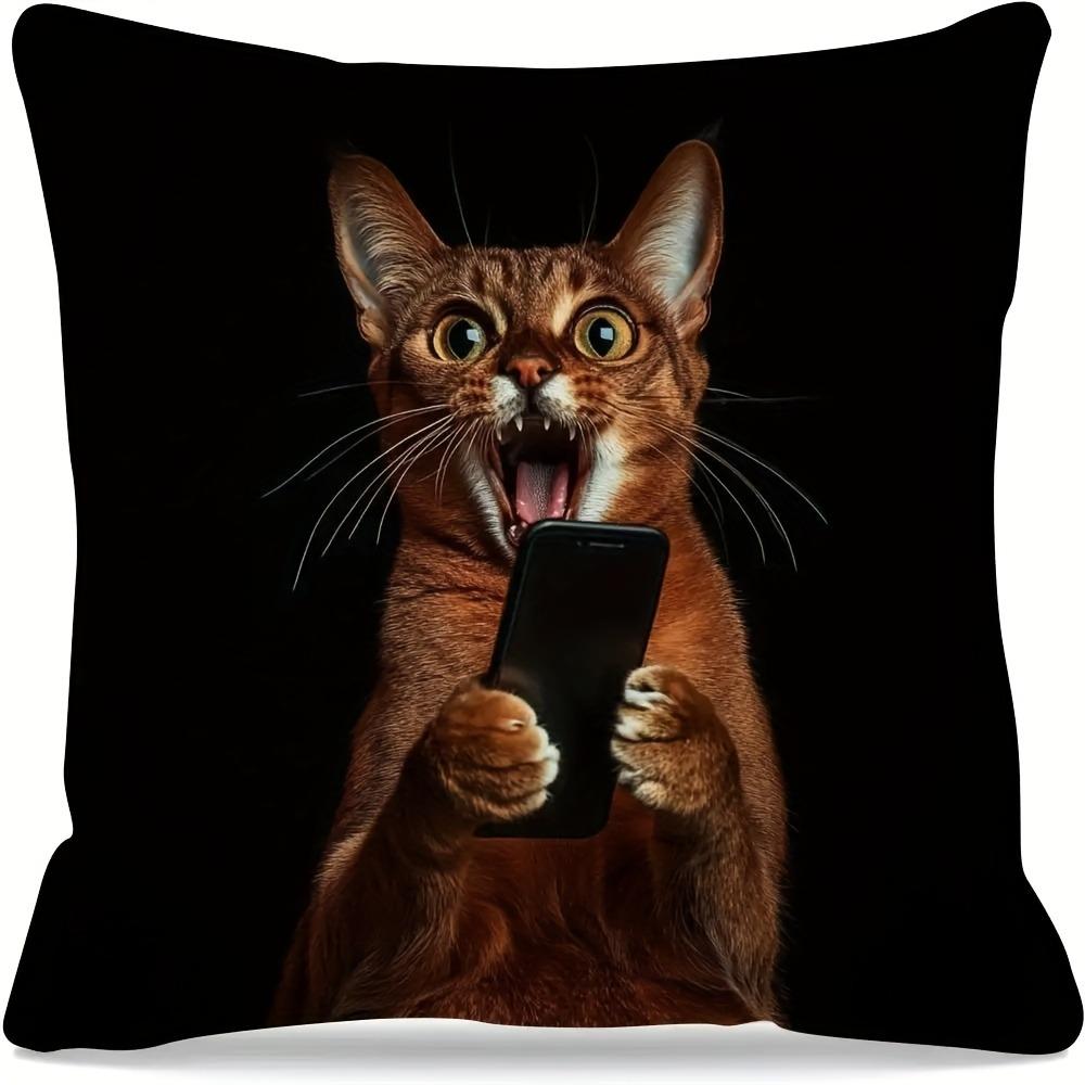 1pc Fun Surprised Kitten Handheld Phone Pattern Double-Sided Printed Pillow Cover, Home Decor Cushion Case with Zipper Closure, Machine Washable, Suit