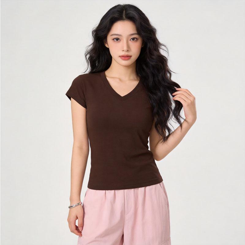 V-Ausschnitt T-Shirt kurzärmelig figurbetontes Oberteil Sport-T-Shirt Damen Sommer vielseitiges T-Shirt