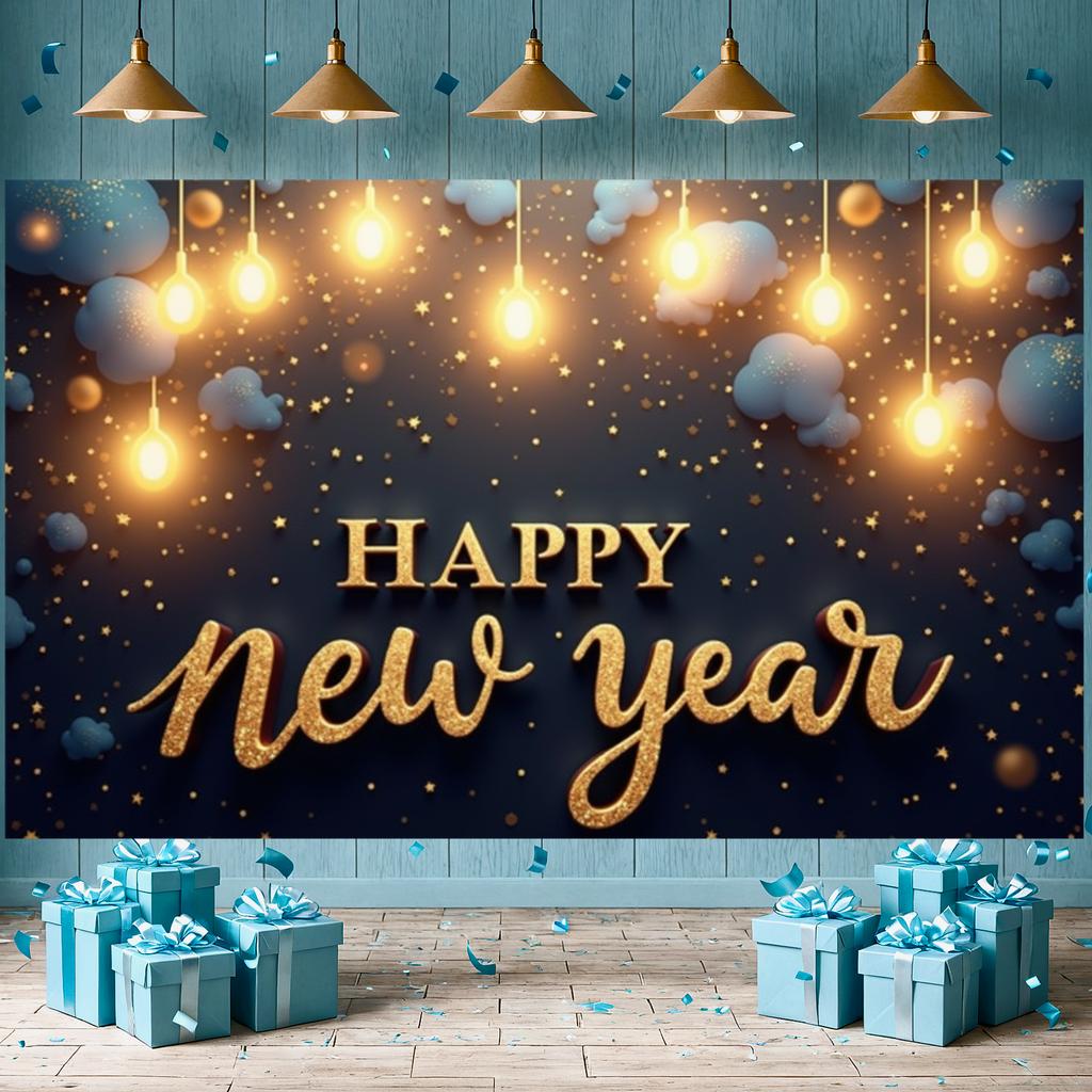 Happy New Year Banner Golden Lettering Sparkling Design New Year Party Decoration Backdrop Festive Holiday Photo Background