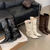 Women's Pointed Toe Ruched Stacked Knee High Boots Buckle Strap Block Heel Knight Boots