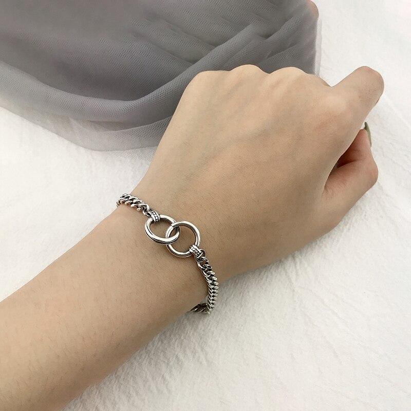 Hip Hop Jewelry Double Circle Thai Silver Color Bracelet Handmade Thick Chain Couple Bracelet For Men Women S -B413