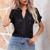 Ladies Summer Short Sleeve V Neck Mesh Hollow Solid Color Pullover  Shirt Top