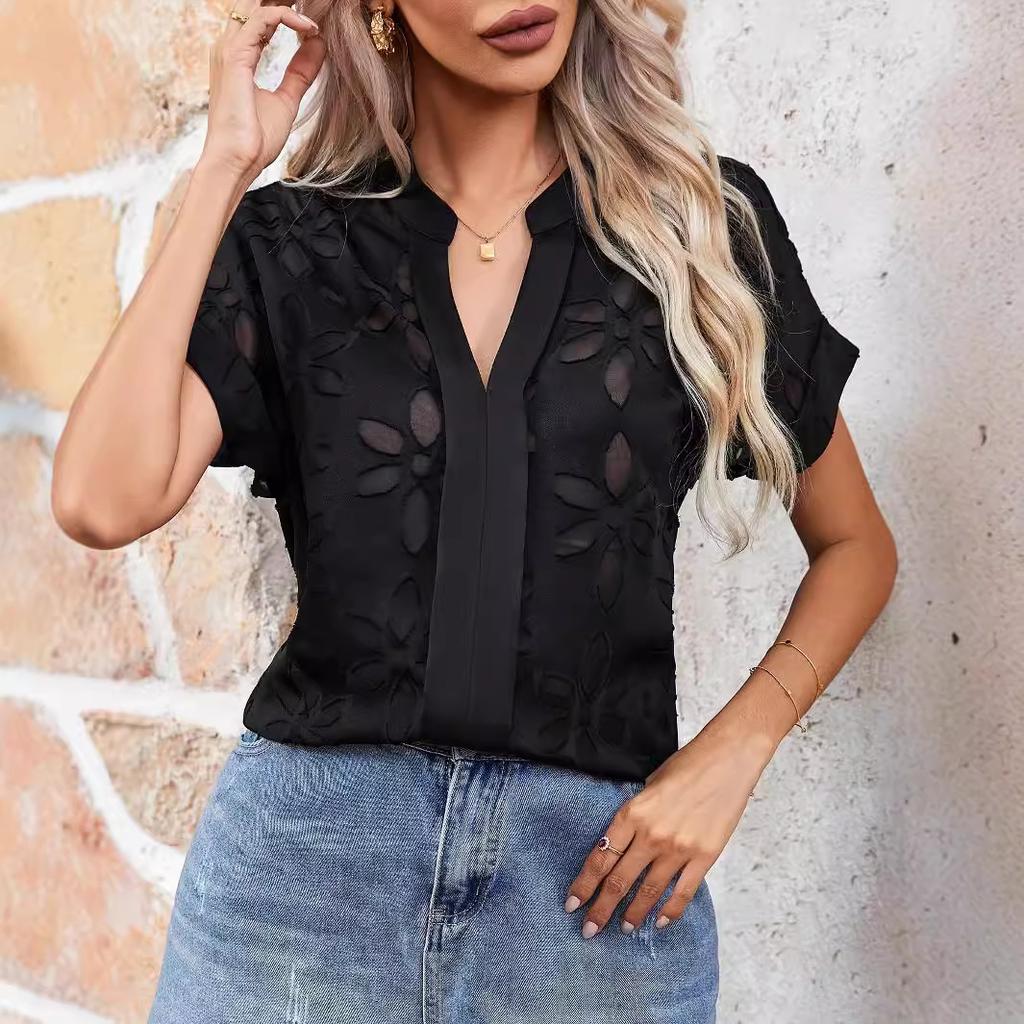 Ladies Summer Short Sleeve V Neck Mesh Hollow Solid Color Pullover Shirt Top