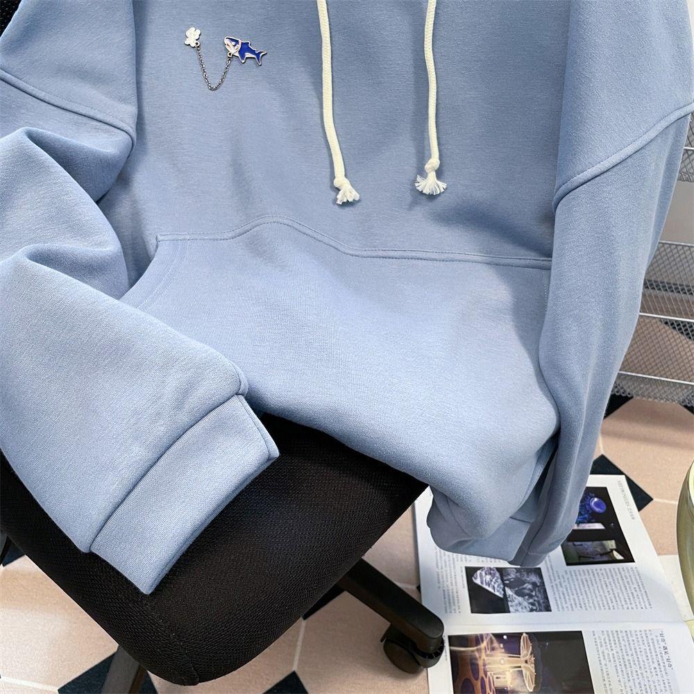 Pullover Hooded Sweatshirts Drawstring Shark Hat Sweater Fleece Shark Hoodies  School Student