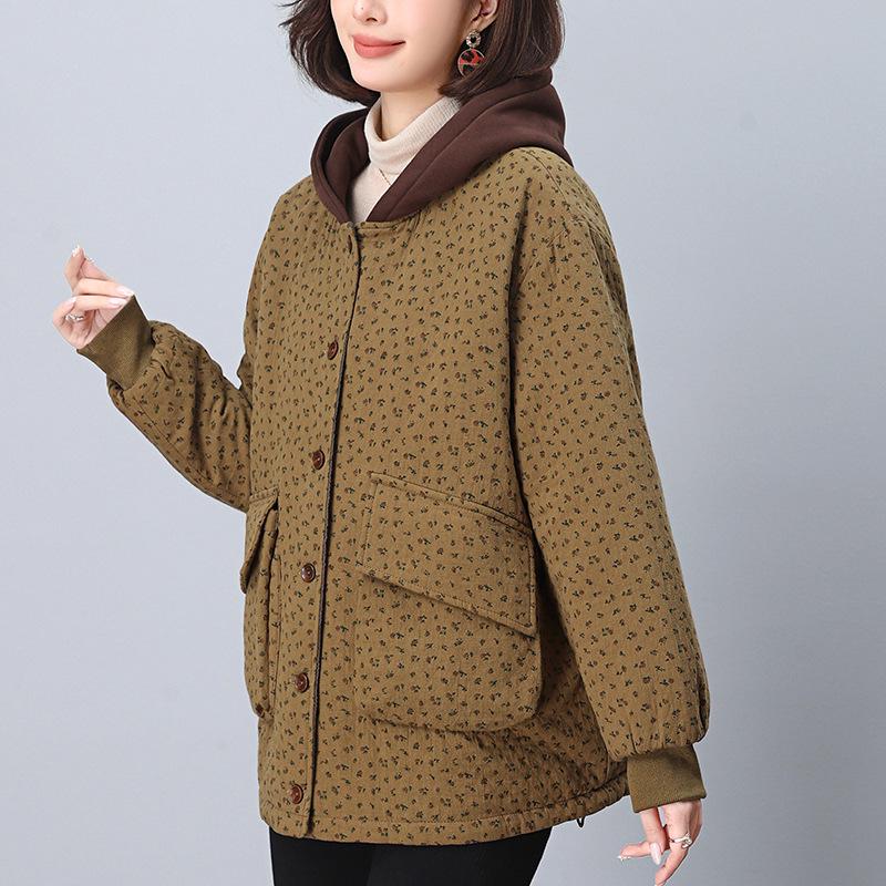 2024 Women's Retro Print Cotton Jacket - Winter Style, Plus Size, Loose Fit, for Middle-Aged and Elderly Moms
