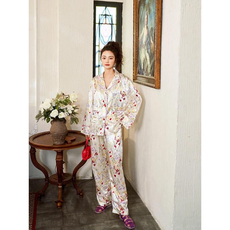 

Вышитая роза, отделка стразами, имитация шелка, шелковая пижама с длинными рукавами, свободный атласный комплект, весна и лето XL