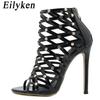 Eilyken New Narrow Band Peep Toe Women Sandals 2025 Summer Hollow Catwalk Stripper Dress High Heels Female Shoes