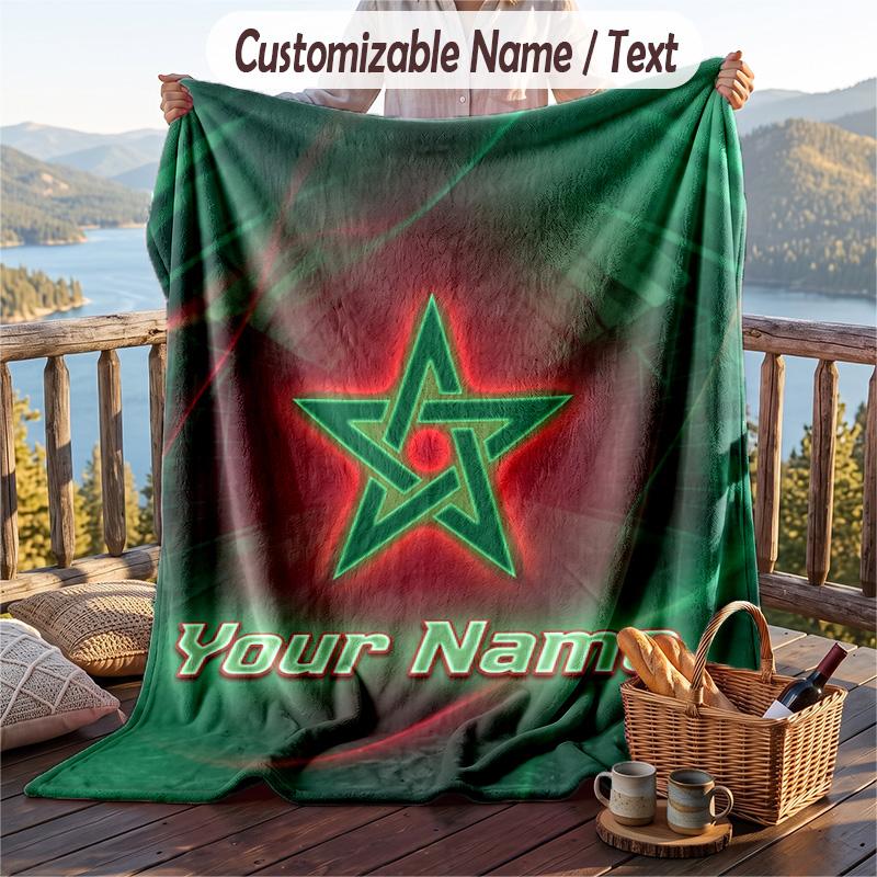 Flannel Blanket Morocco Football Print Custom Name Text Soft Throw for Sofa Bed