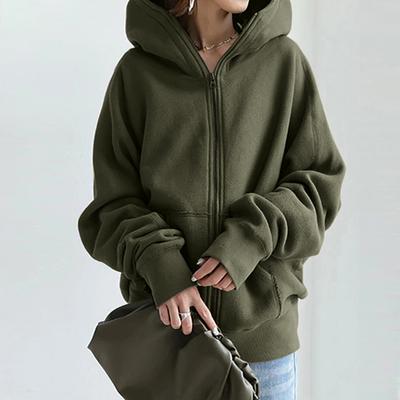 Women's Long Sleeved Solid Color Hooded Sweatshirt Plus Casual Zipper Jacket