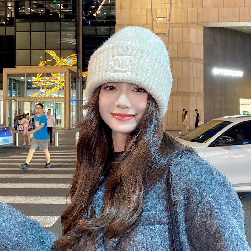 Autumn and winter new plush warm wool hat, ear protectors, stacking hat, small face, knitted cold hat, women's big head circumference hat