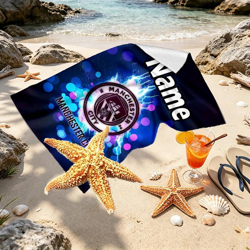 Custom Name Personalized Manchester City FC Print Beach Towel, for Trip Camping Beach Party Home Decor, Birthday Gift for Family & Friends