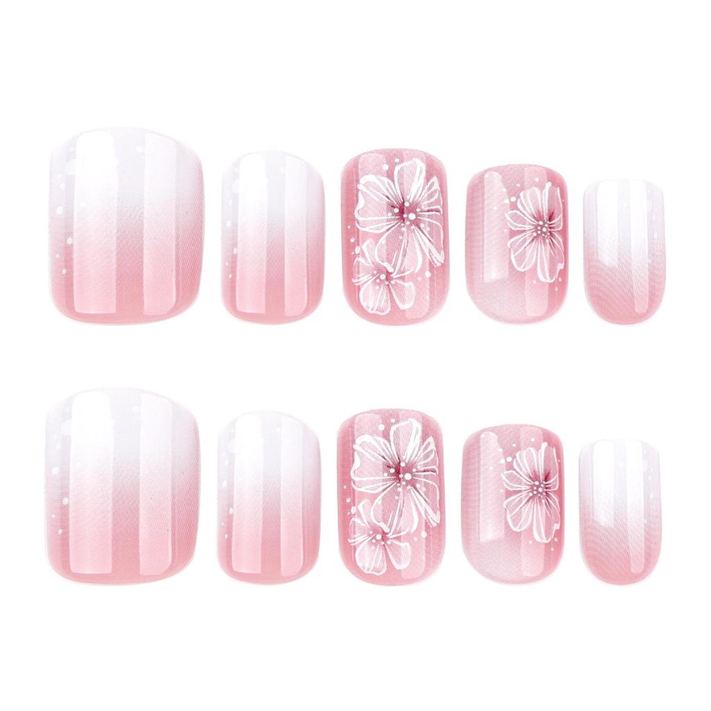 Gradient Flower Manicure False Nails - Medium Short Square Tips for Summer