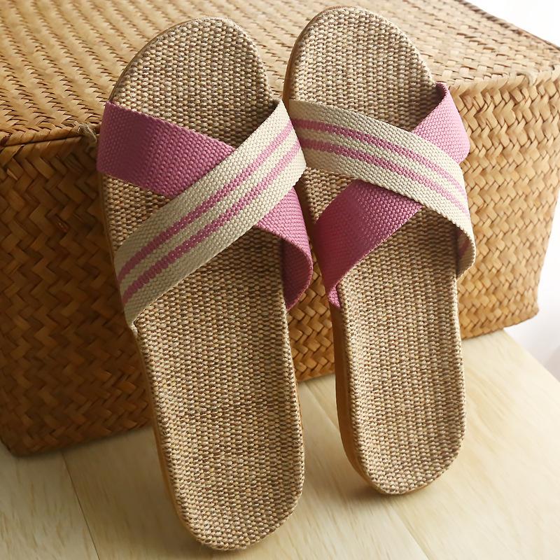Crossed linen slippers women's summer home couple thick bottom non-slip indoor soft bottom home cool slippers men's summer