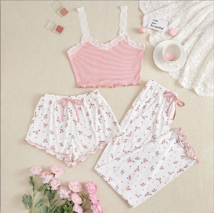 

European and American loungewear set, pit strip lace, sexy suspender vest, top, short trousers, pajamas, women s three-piece set S розовый