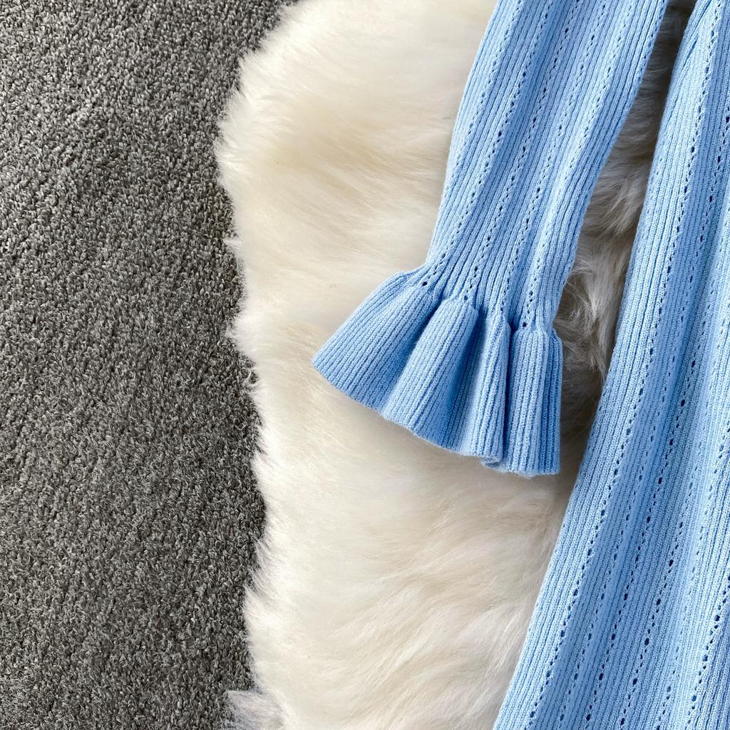 Autumn Winter Women Elegant V-neck Knitted Sweater Metal Button Christmas Party Long Midi Fishtail Dresses