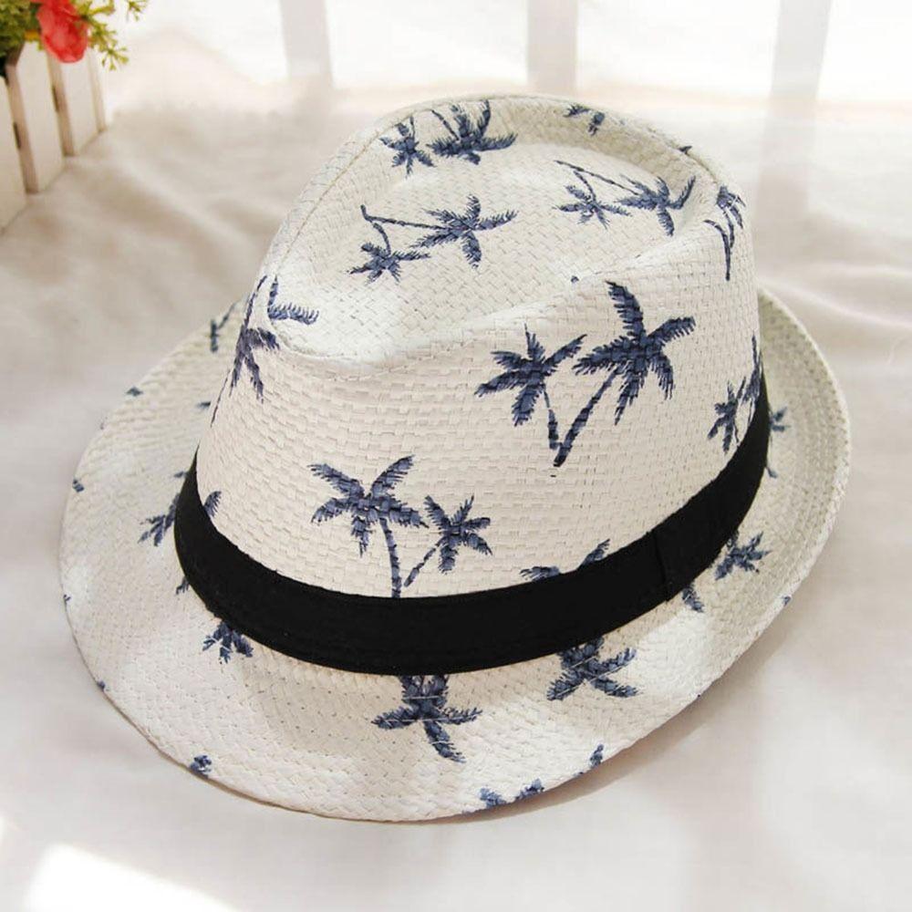 Wide Brim Beach Cap Coconut Trees Pattern Panama Cap Summer Sun Hat  Children Kids