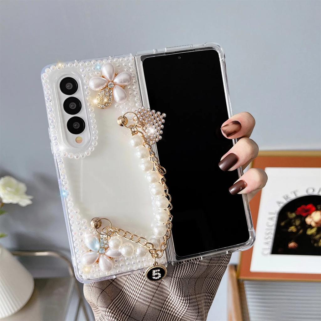 for Samsung Galaxy Z Fold 4 Case Cute for Women Girls Luxury 3D Handmade Sparkle Pearl Strap Chain Diamond Bling Glitter Cover