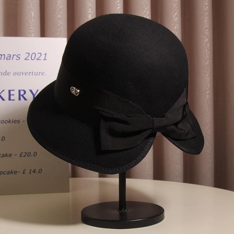 

Корейская шляпа-клош из шерсти в стиле Хепберн с лентой и бантом для женщин, новая, высокого класса, контрастного цвета, осенне-зимняя шерстяная шляпа рыбака M (56-58cm) Adjustable