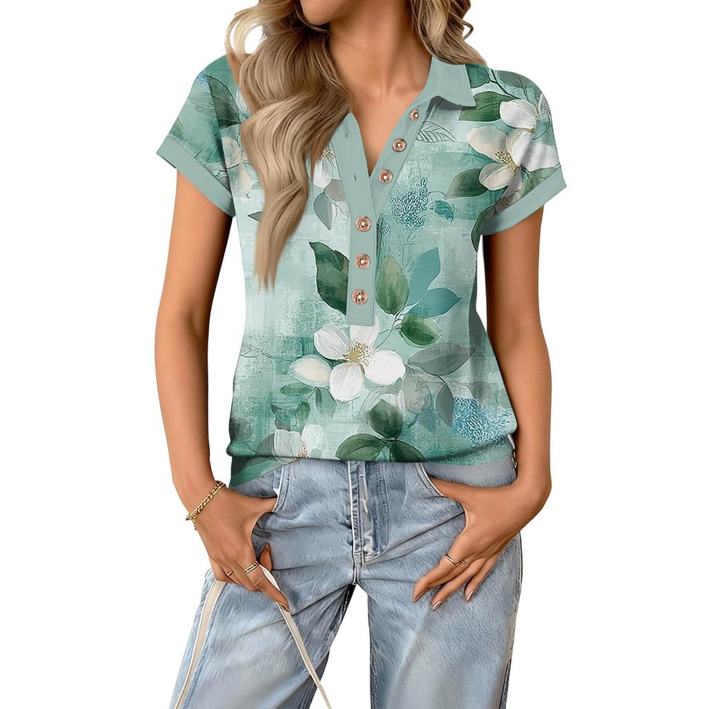 Modna i casualowa damska letnia bluzka z dekoltem V, patchworkowa, z krótkim rękawem i kwiatowym wzorem