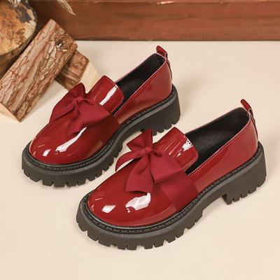 New Plus Size Bow Platform Loafers - Women’s Low Top Slip-On British Style Leather Shoes