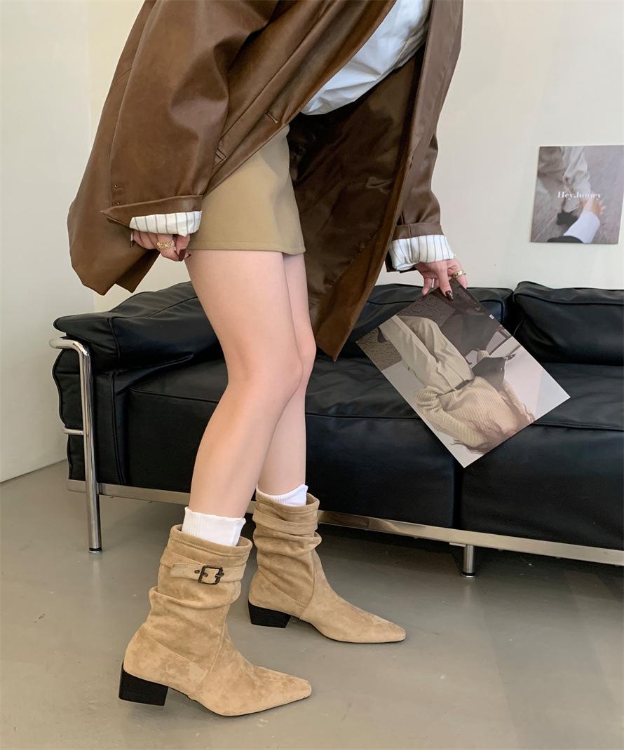 

осень-зима 2025 ретро плиссированные ботфорты-чулки ковбойские сапоги на тонком каблуке леопардовый принт полусапоги замшевые тонкие сапоги короткие сапоги 39 хаки