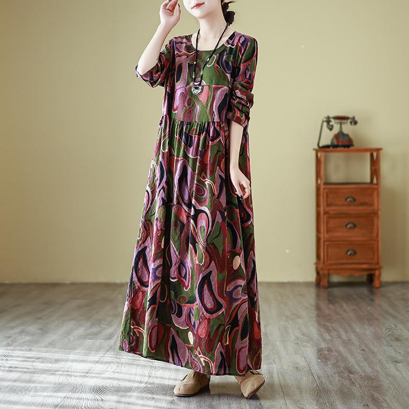 Dimanaf 2025 Spring Women Plus Size Holiday Loose Dress Vintage Basic Pleated Long Dress Casual Dress Maxi
