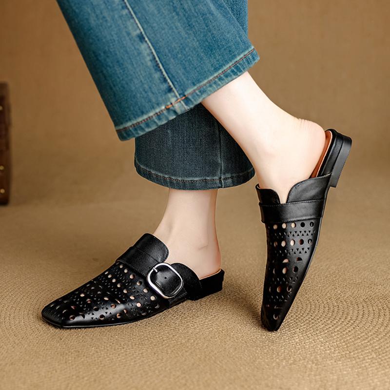 

Мода 2025 Лето Женские Мюли Натуральная Кожа Женская Обувь Квадратный Носок Массивный Каблук Закрытый Носок Сандалии Сквозной Дизайн Современные Шлепанцы 34 чёрный