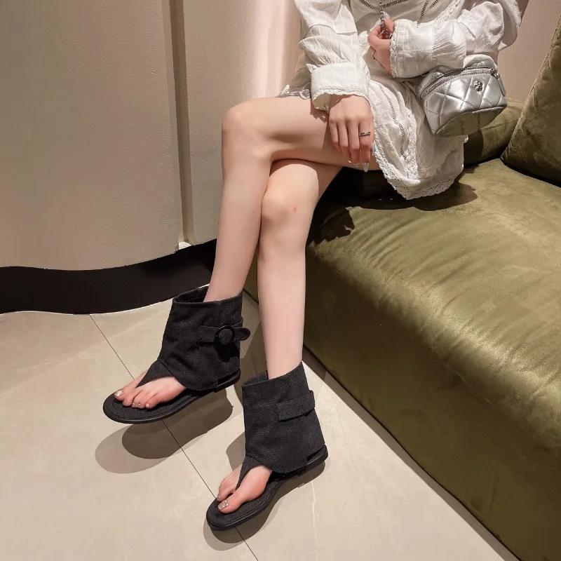 Fashion Retro Flip-toe Sandals Women 2025 Summer New French Loose Sleeve Flat Roman Shoes Fashion Short Bobbin Tube Cool Boots