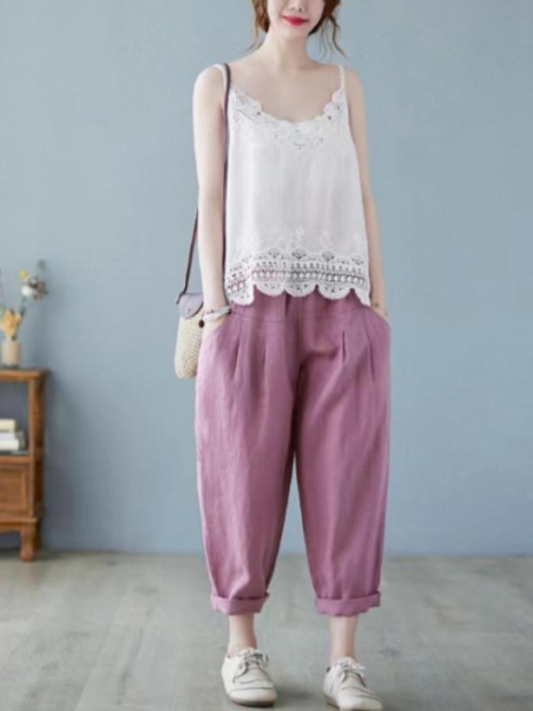 Women's Summer Lace Applique Tank Top – Sleeveless, Sexy, Loose Cotton T-Shirt with Lace Edging