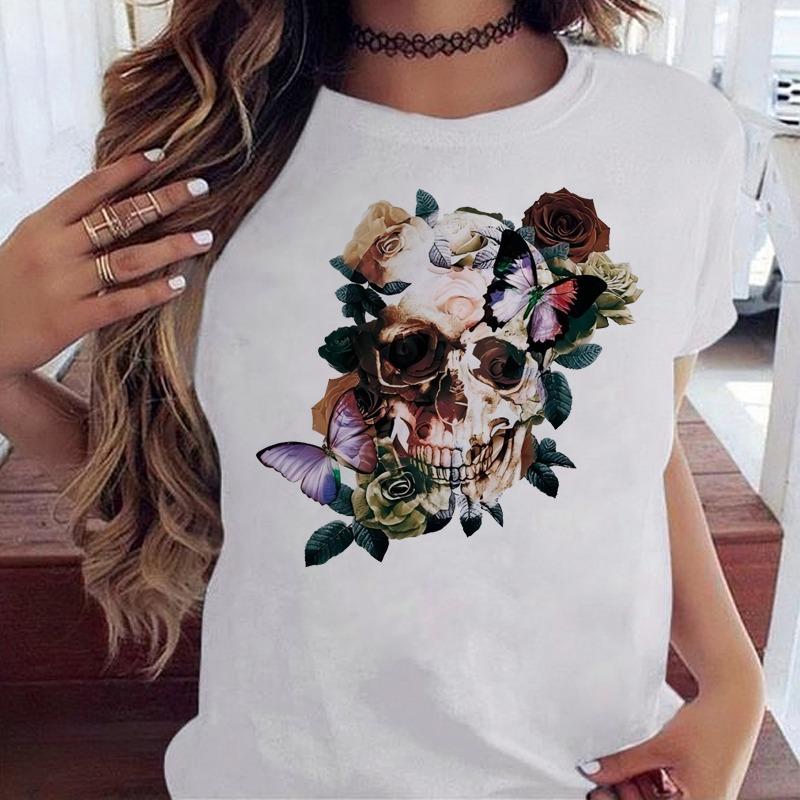 Fashion Skull Flower Print Women T Shirt Summer Casual Short Sleeve O Neck Women Tshirt