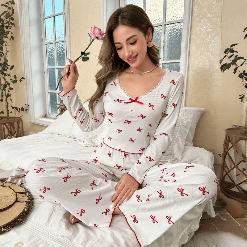 Women's European Style Bowknot Pajama Set - Long Sleeve Top & Elastic Long Pants, Printed, Casual, and Sexy for Indoors or Outdoors.