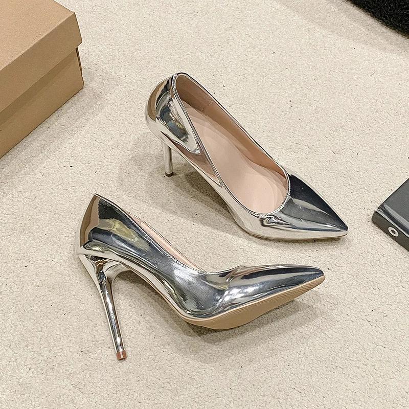 

Металлические серебристо-золотые туфли-лодочки женские блестящие на высоком каблуке свадебное платье тонкий каблук 10 см роскошные женские туфли размер 34-43 золотые каблуки 43