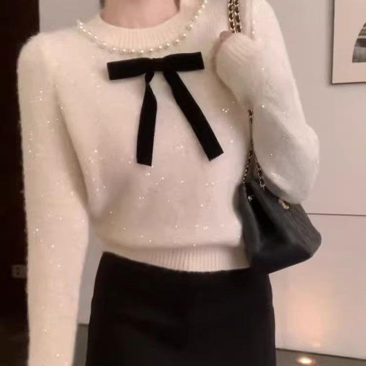 Women's Retro Beaded Bow Sparkly Knit Sweater - Long Sleeve, Thickened for Spring & Winter