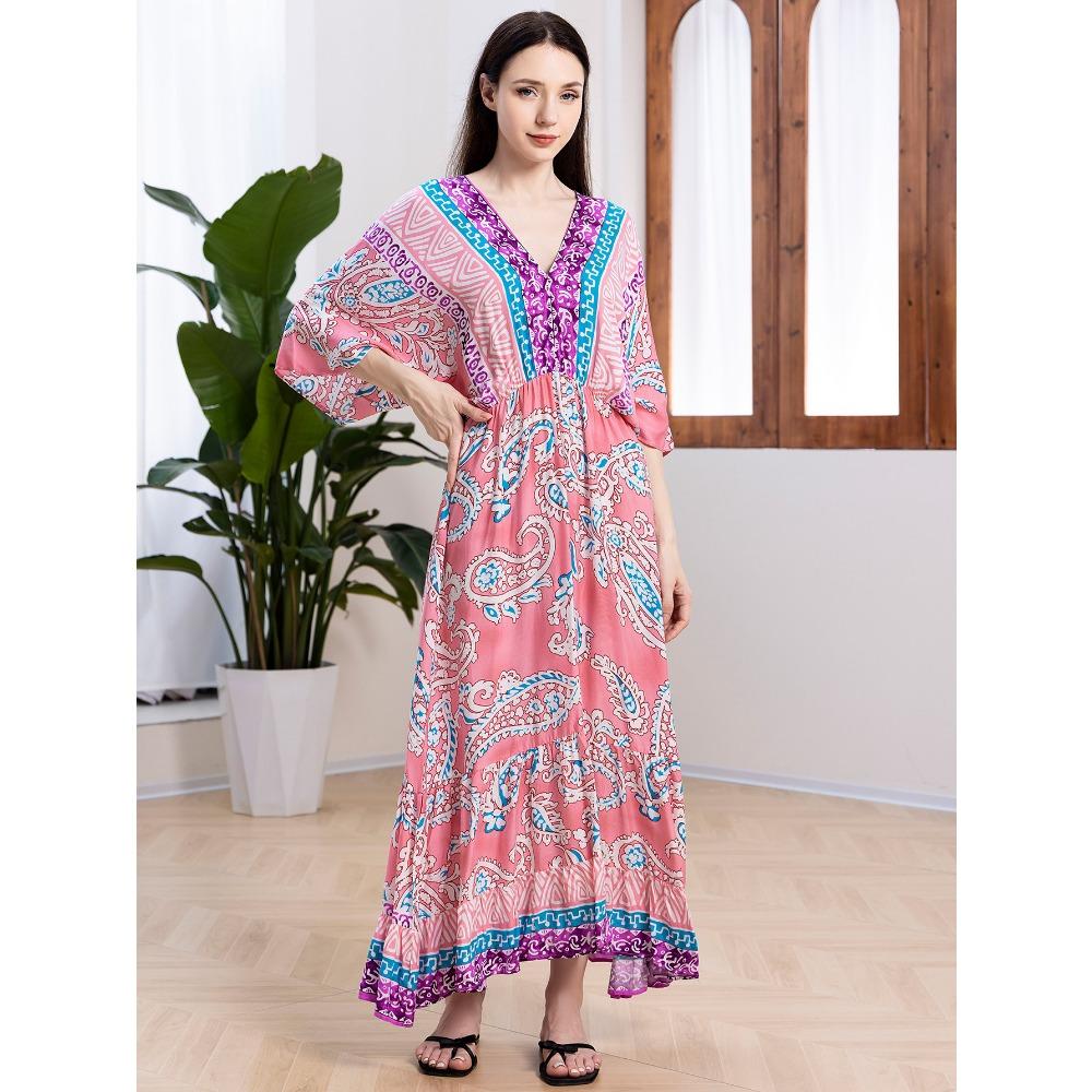 Plus Size Boho Kaftan Dress, Women's Plus Maxi Cover Up Dress