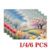 4/6pcs Rectangular Placemats - 12X18 Inch Spring Cherry Blossom Tulip Non-Slip Table Mats with 2D Element Design
