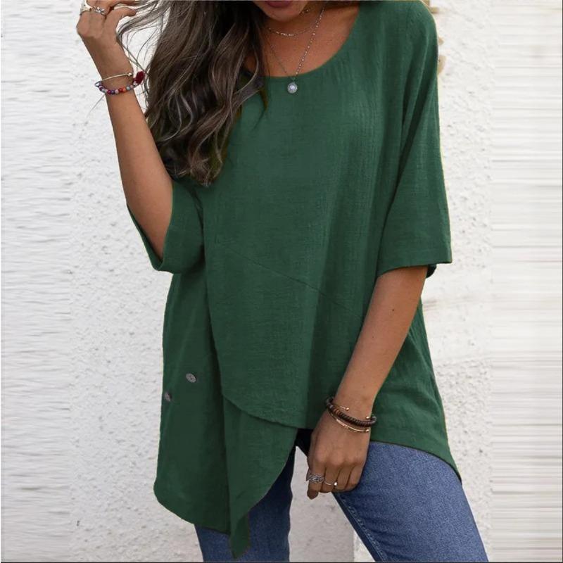 Women's Cotton Linen Round Neck Irregular Shirt Five-quarter Sleeve Tops Women’s