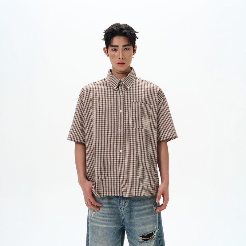 

Kisko Summer Simple Retro Plaid Lazy Short-Sleeved Shirt for Men and Women Loose Casual Shirt Jacket Couple Ins Brown Grid XL