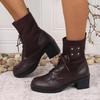 Fashion Vintage Metal Rivet Decoration Lace Up Ankle Boots Women 2025 Winter Round Toe Medium Heel Elastic Boots Elegant Solid Pu Shoes