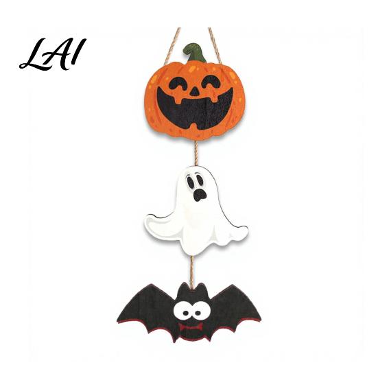 Ghost Festival Celebration Decor Halloween Wooden Hanging Ornament Jack-o'-Lantern Bat 3-Tier String Door Hanger Cute Rustic Pendant for Home