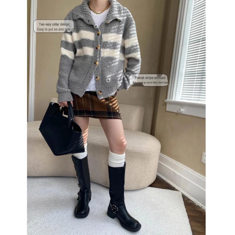 Cardigan tricotat cu dungi contrastante în două direcții Sinan SN6889