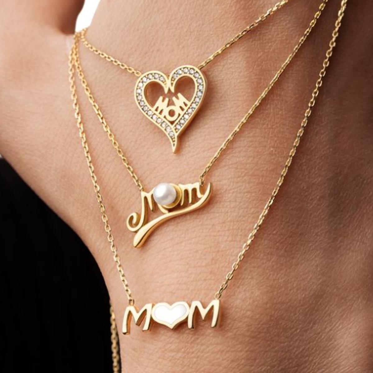 

18k Gold Stainless Steel Heart MOM Necklace with Rhinestones, 45+5cm