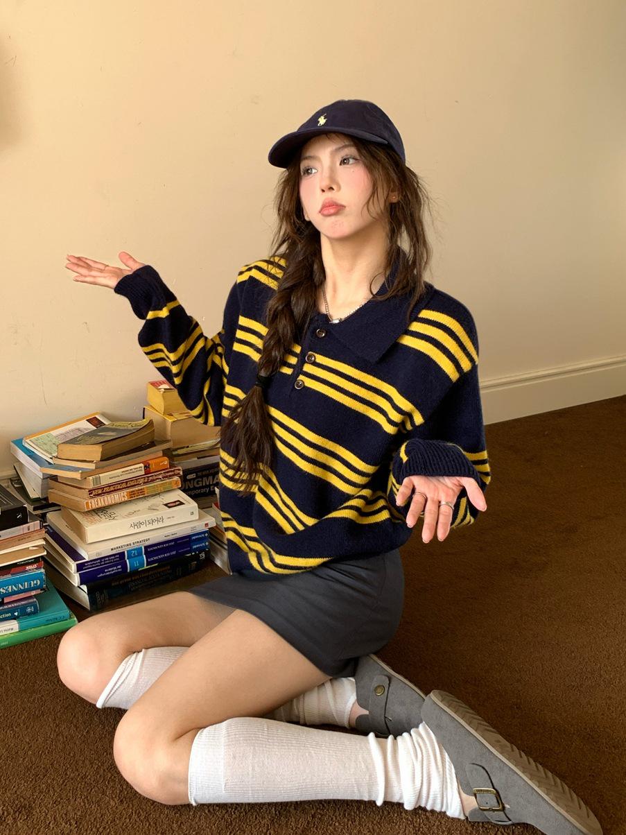 

Пуловер поло в полоску в корейском стиле: Женский мягкий пуловер свободного кроя Осень/Зима 2025 Small темно-синий