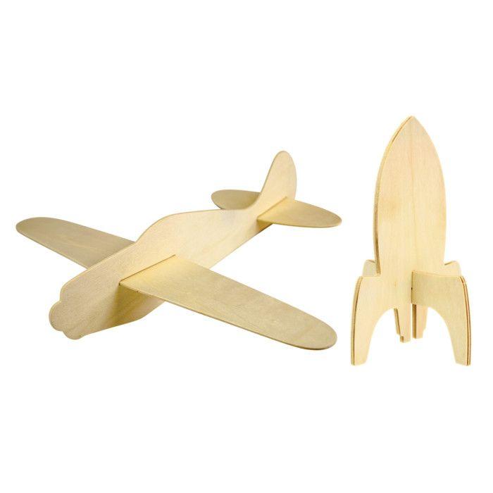 Fusée en bois 10 cm et avion en bois 30 cm