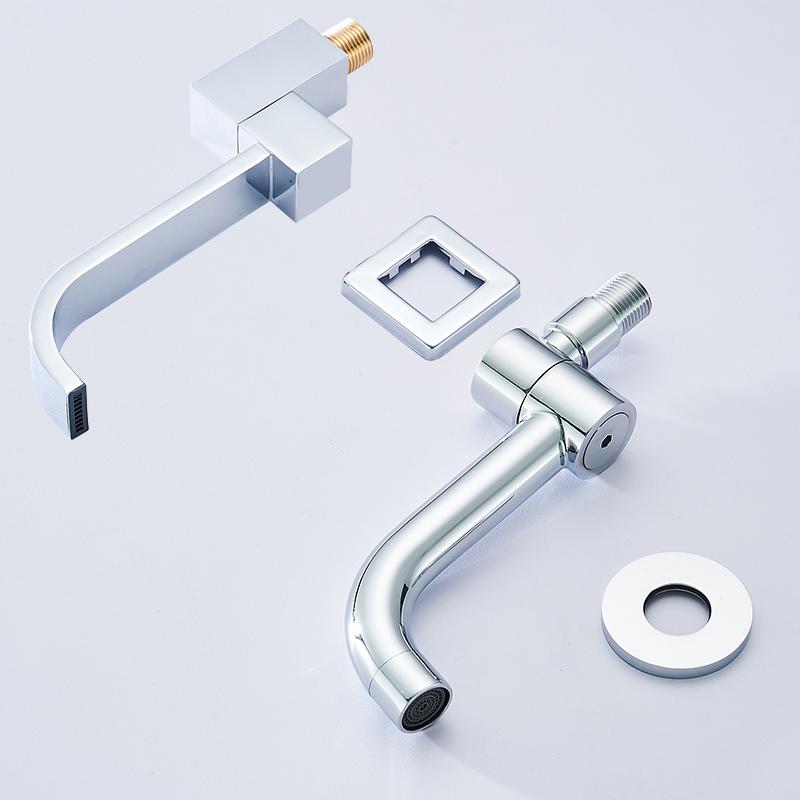 BAKALA Baterie de perete pentru bas solid, priză de perete, pipă de duș montată pe perete, pipă pătrată-rotundă, finisaj cromat, pipă din alamă, pliere la 180 de grade