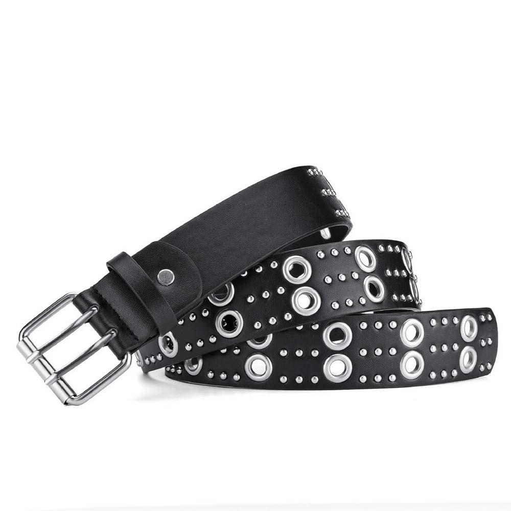 Ceinture à boucle à ardillon double rangée rivets creux ceintures en cuir noir réglables pour cadeau