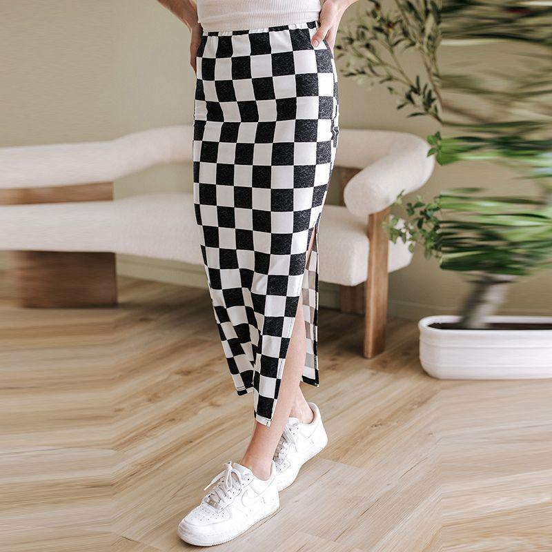 

Early Autumn New Arrival Checkerboard Plaid High Waist Sheath Skirt for Women 2025 European and American Sexy Silm Side Slit Midi Skirt for Women Black L code fits (62.50 kg-70.00 kg