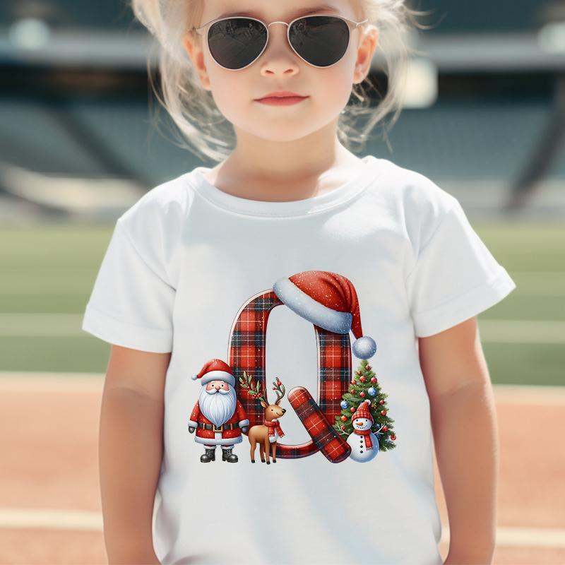 Personalized Kids Christmas T-shirt with A-Z Alphabet Print, Santa Hat Design for Boys & Girls