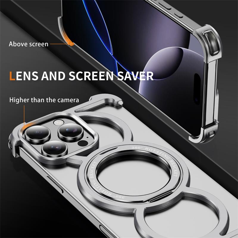 Metal Frame Magsafe 360 Rotate Holder Aluminum Phone Case For iPhone 13 14 15 16 Pro Max Plus Wireless Charging Shockproof Cover