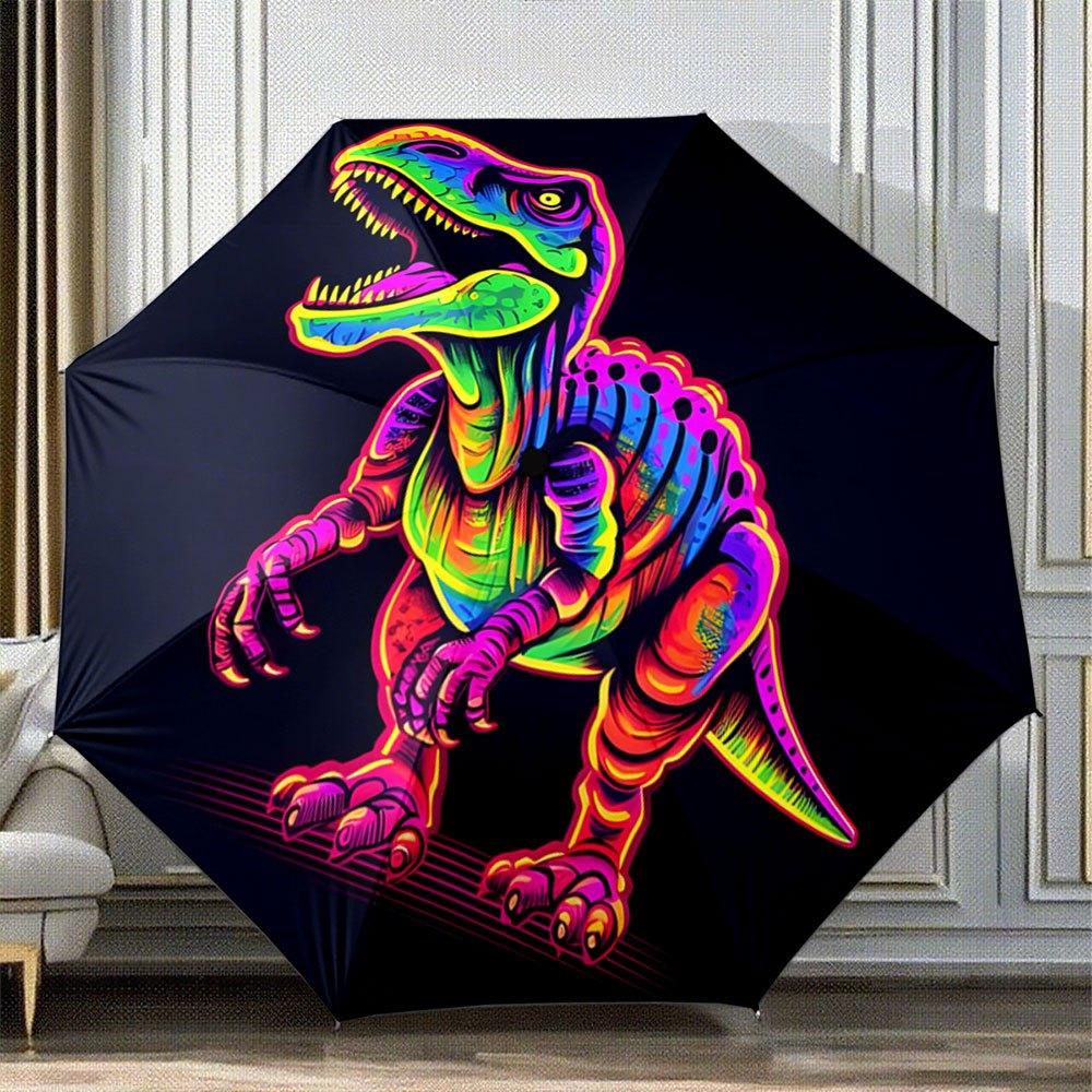 

Automatic Folding Umbrella A colorful neon dinosaur on a black background. Portable collapsible design, casual outdoor accesso Iron&8K