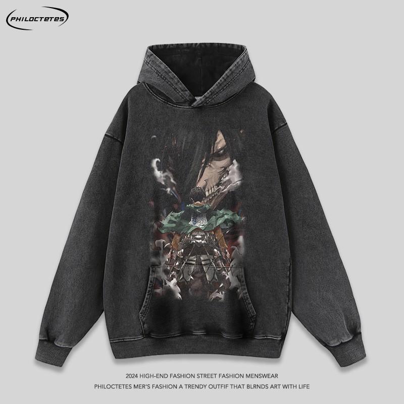Vintage Washed Oversized Cotton Hoodie With Cartoon Character Print Unisex Streetwear Long Sleeve Sweatshirt